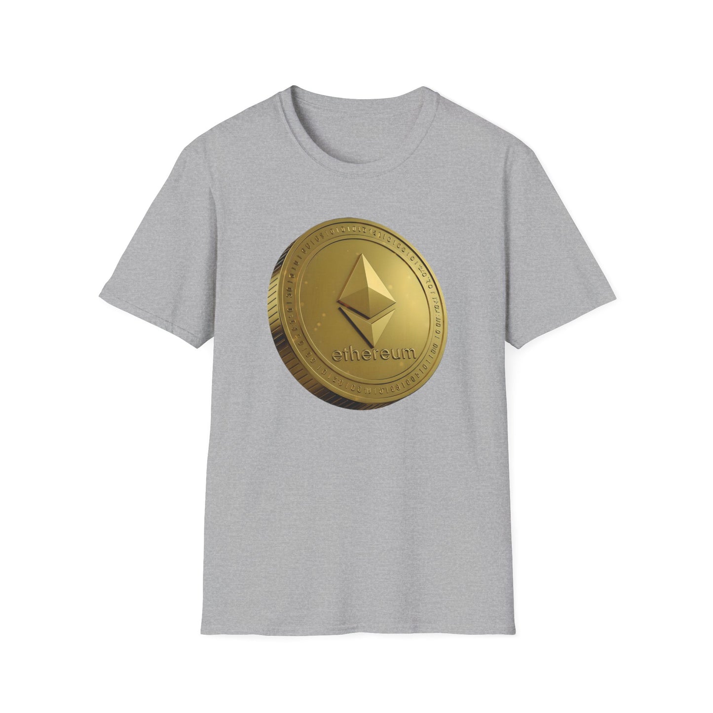 Ethereum Gold Coin Unisex Softstyle T-Shirt, Cryptocurrency Merch, Gift for Crypto Enthusiasts, Trendy NFT Apparel, Digital Currency Shirt,