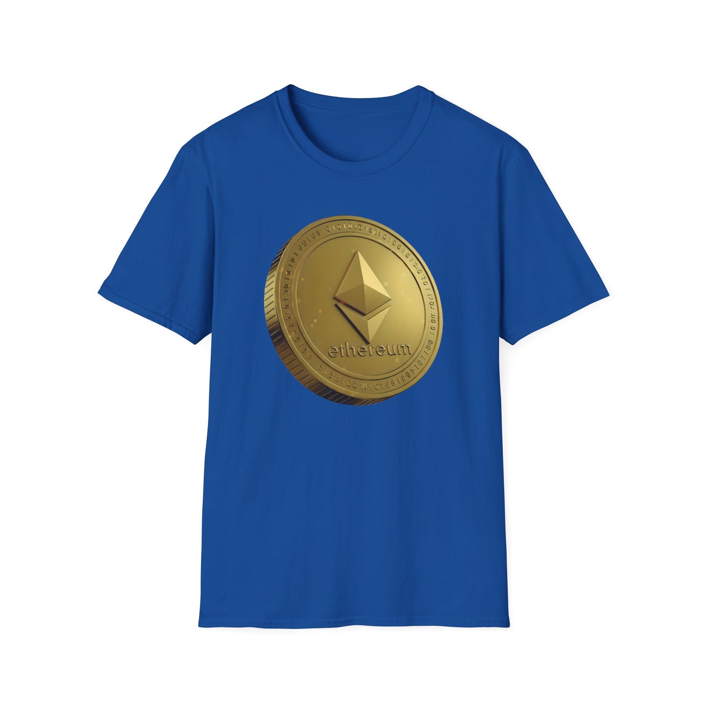 Ethereum Gold Coin Unisex Softstyle T-Shirt, Cryptocurrency Merch, Gift for Crypto Enthusiasts, Trendy NFT Apparel, Digital Currency Shirt,
