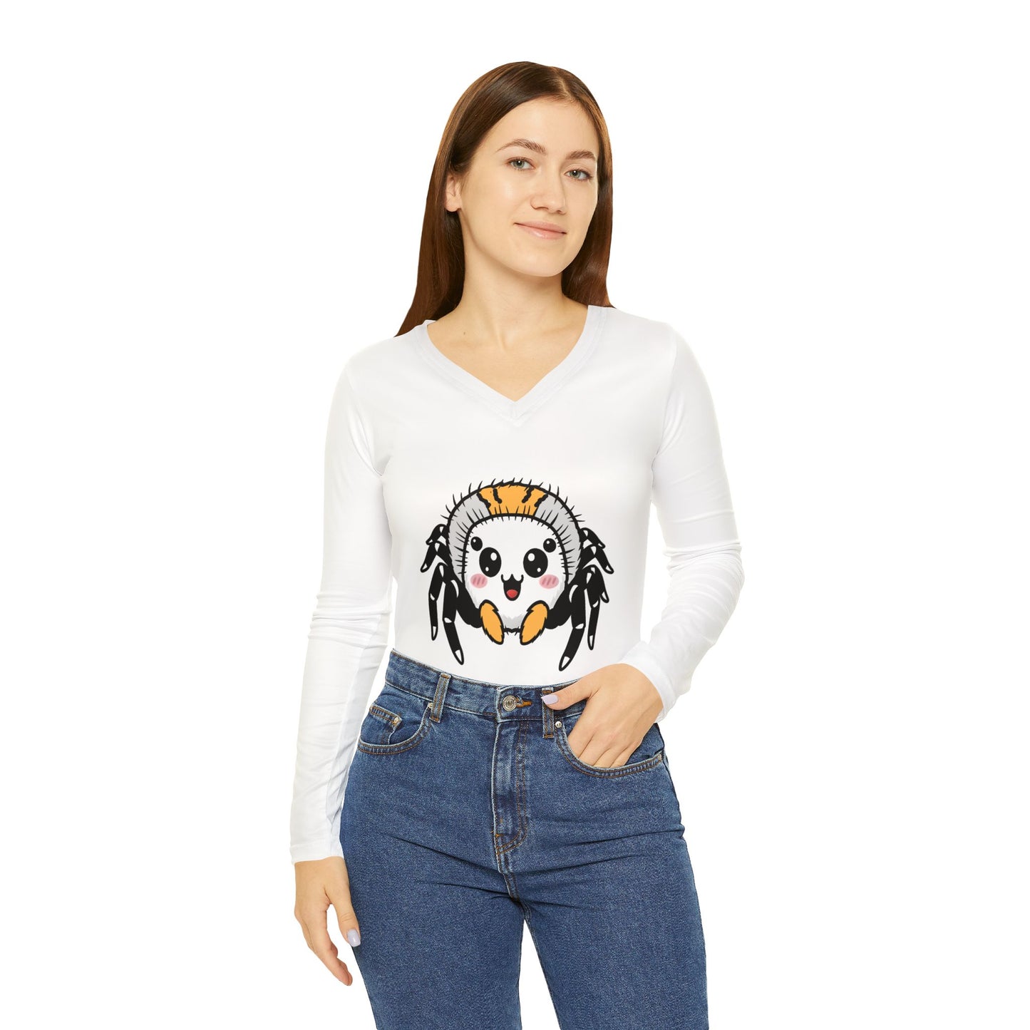 Cute Spider Women's Long Sleeve V-neck Shirt, Funny Halloween Top, Lightweight Tee, Casual Fall Fashion, Gift for Spooky Season