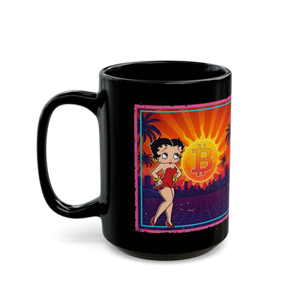 Retro Betty Boop Black Mug with Bitcoin Design
