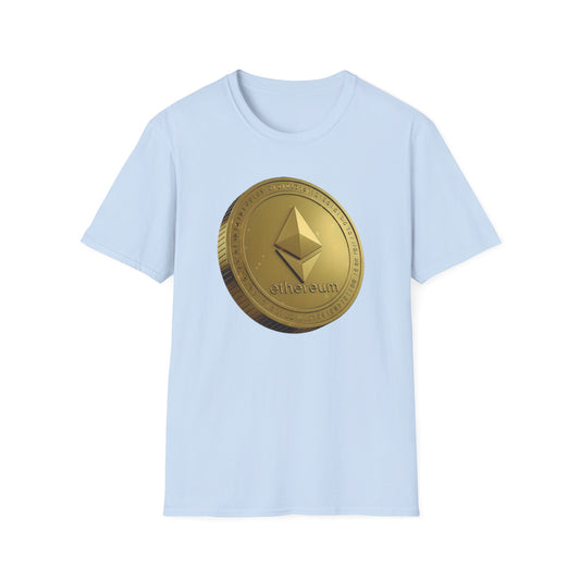 Ethereum Gold Coin Unisex Softstyle T-Shirt, Cryptocurrency Merch, Gift for Crypto Enthusiasts, Trendy NFT Apparel, Digital Currency Shirt,