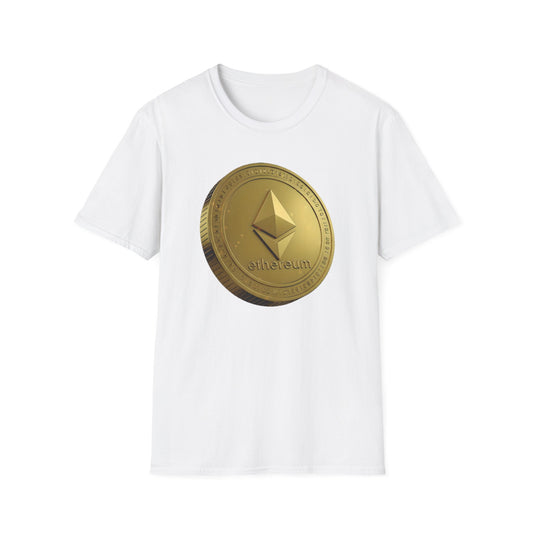 Ethereum Gold Coin Unisex Softstyle T-Shirt, Cryptocurrency Merch, Gift for Crypto Enthusiasts, Trendy NFT Apparel, Digital Currency Shirt,