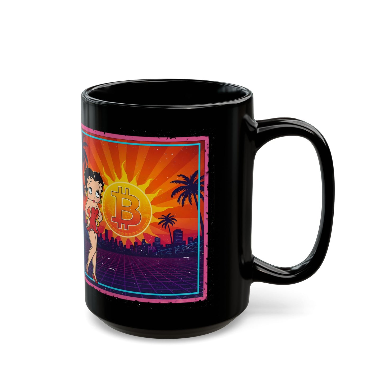 Retro Betty Boop Black Mug with Bitcoin Design