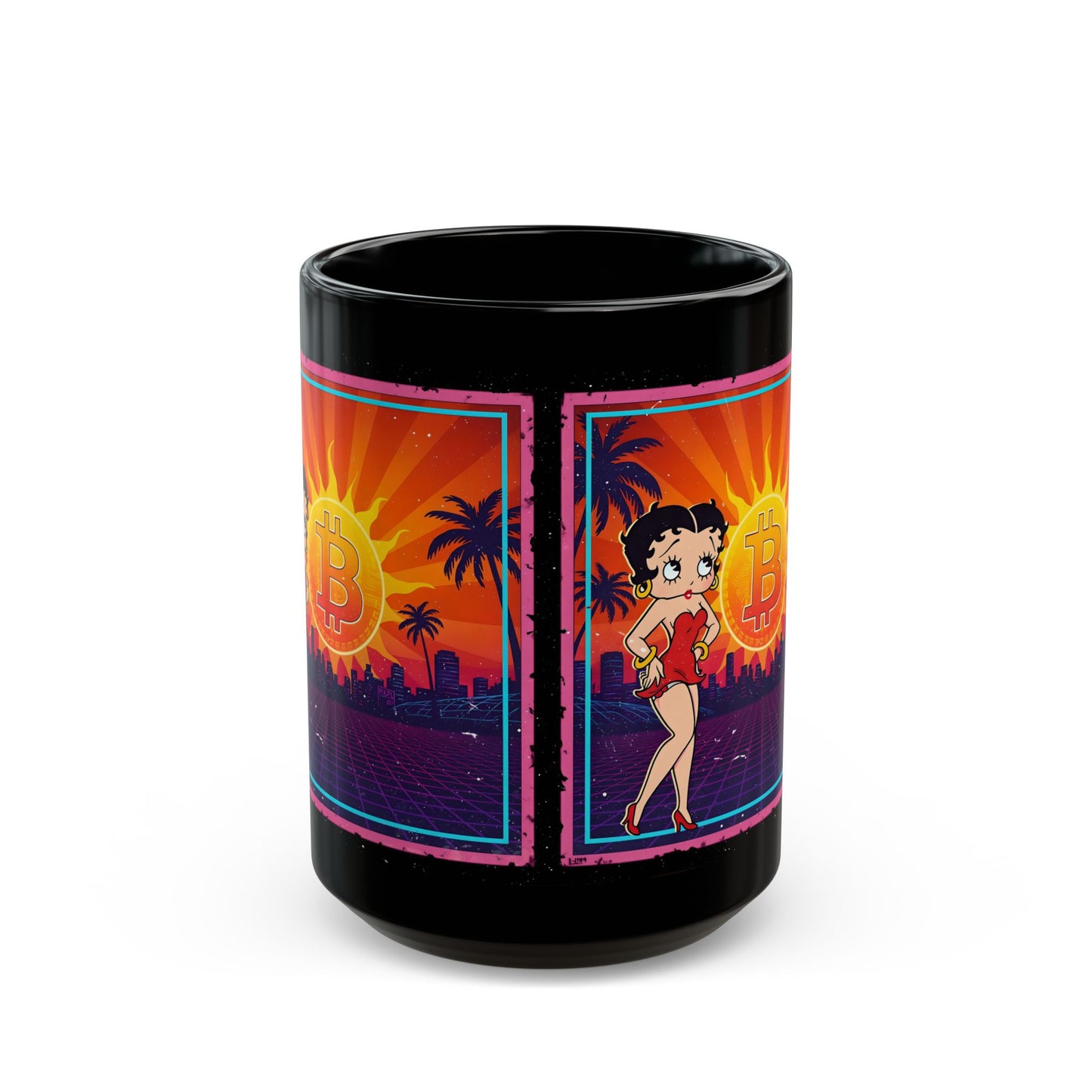 Retro Betty Boop Black Mug with Bitcoin Design
