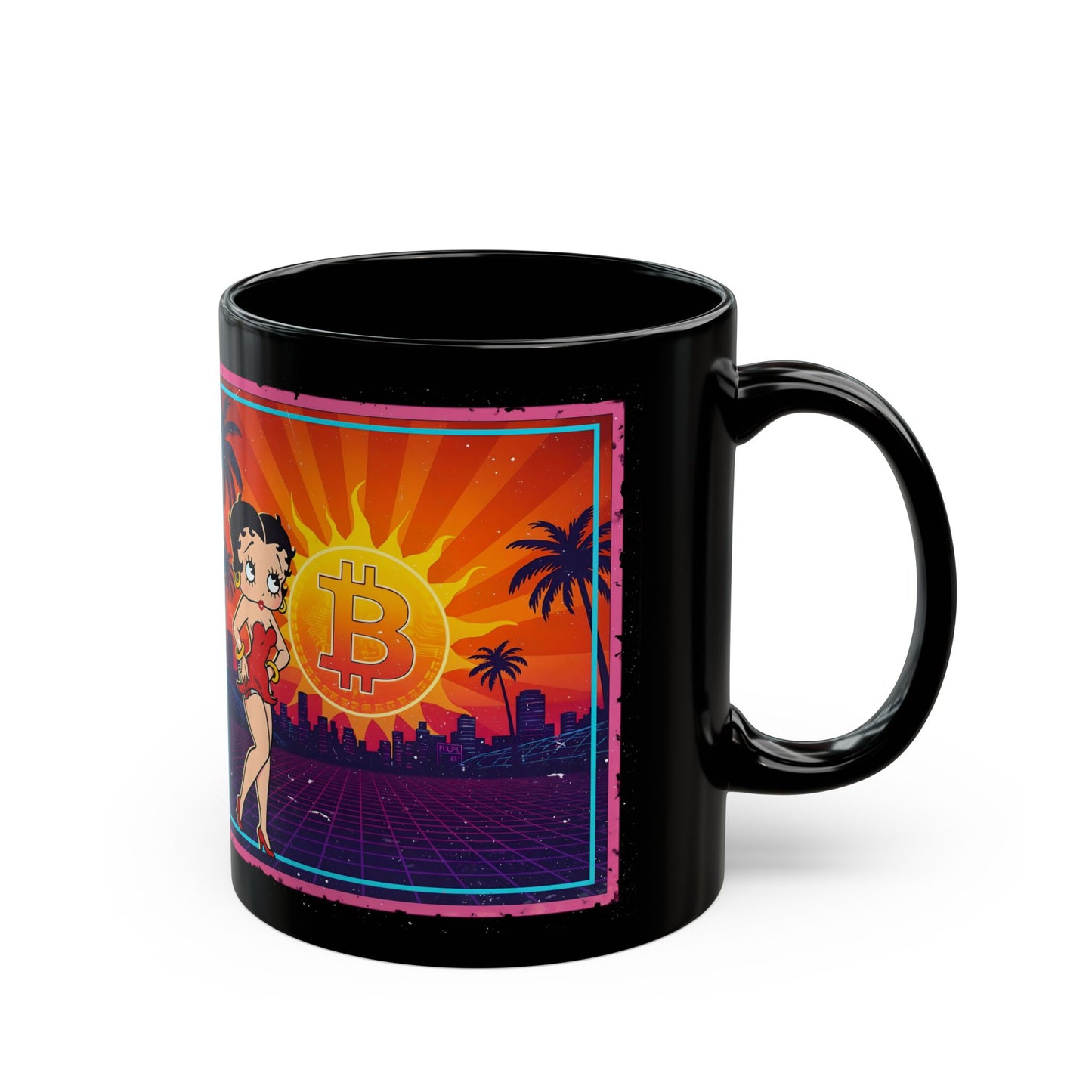 Retro Betty Boop Black Mug with Bitcoin Design