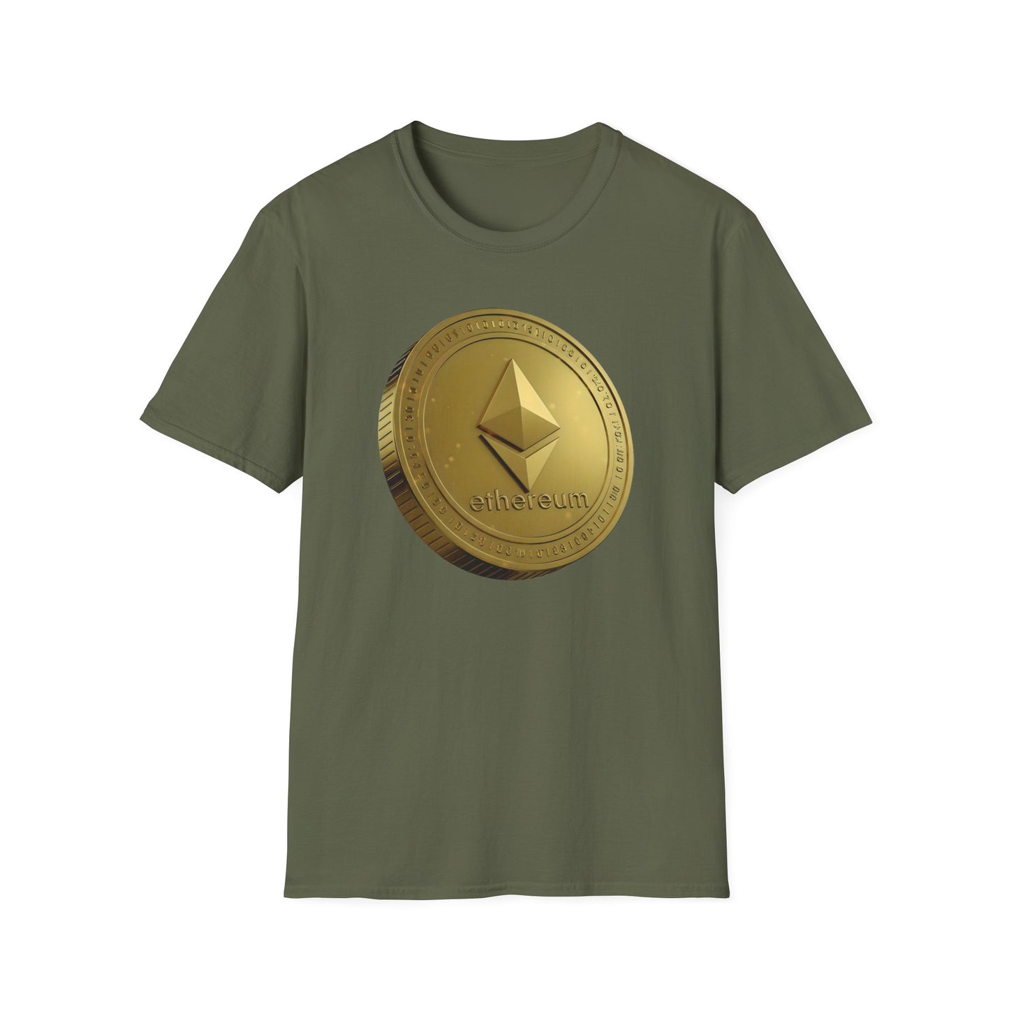 Ethereum Gold Coin Unisex Softstyle T-Shirt, Cryptocurrency Merch, Gift for Crypto Enthusiasts, Trendy NFT Apparel, Digital Currency Shirt,