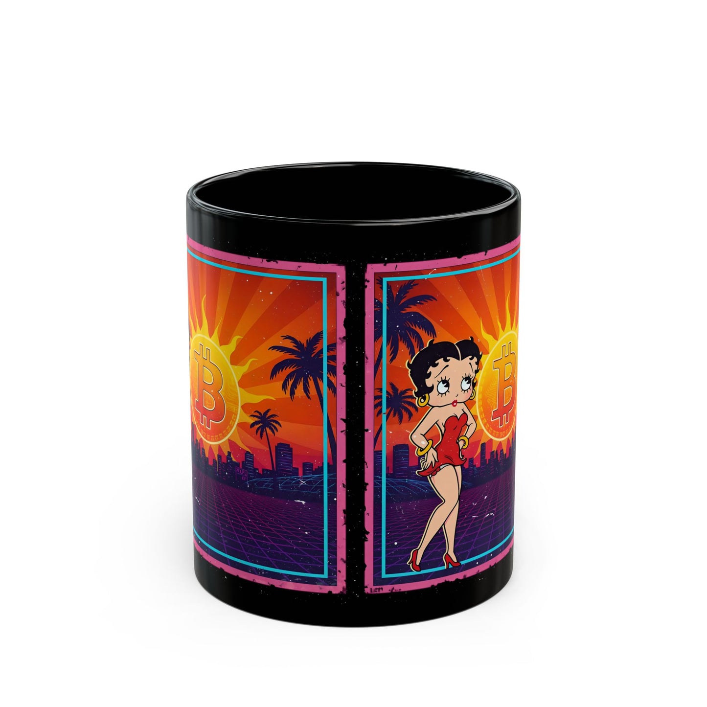 Retro Betty Boop Black Mug with Bitcoin Design